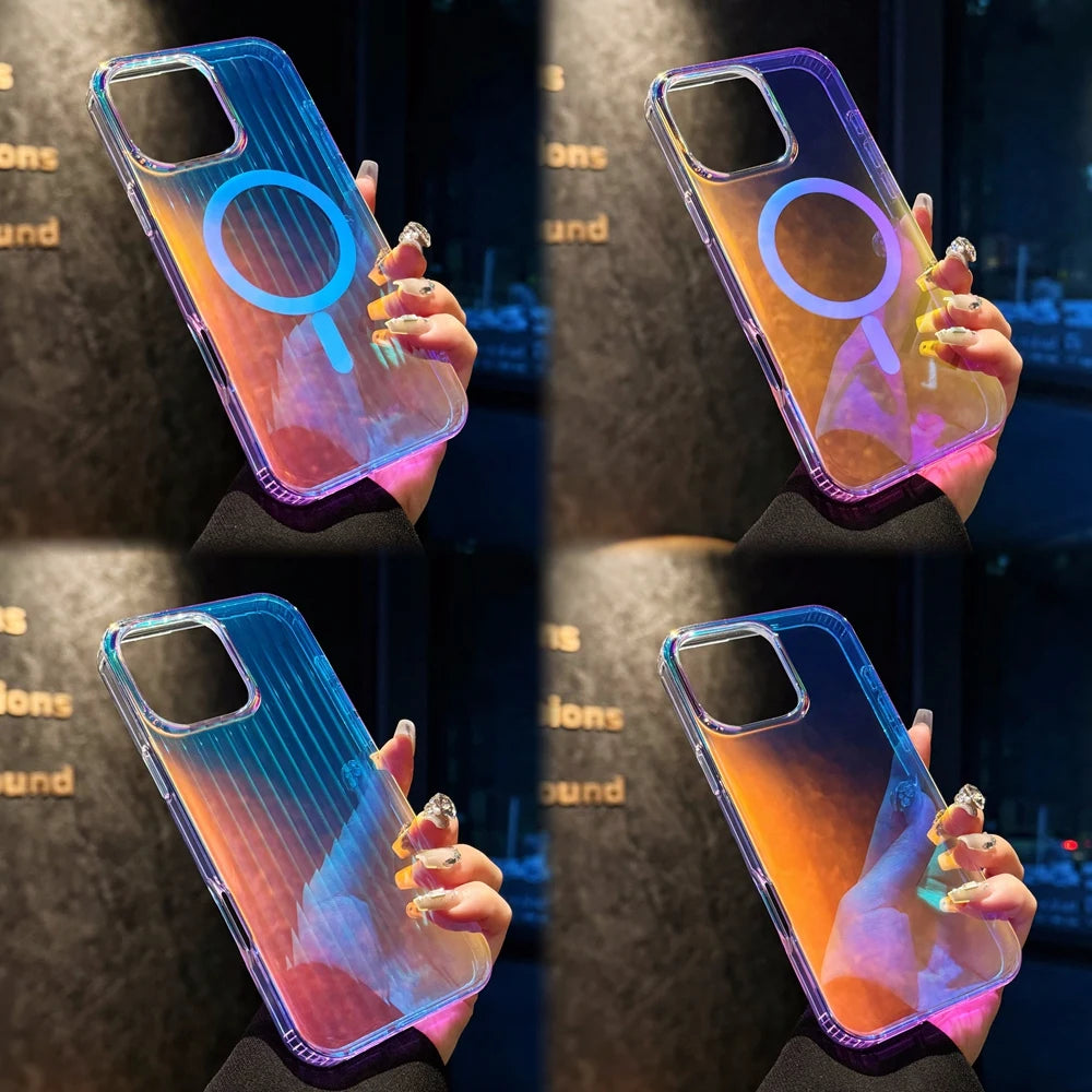 3D Stripe Gradient Aurora Magsafe Phone Case For iPhone 16 15 14 Plus 12 13 Pro Max 11 16e Clear PC + TPU Magnetic Back Cover