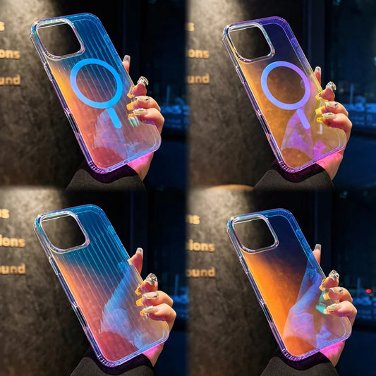 3D Stripe Gradient Aurora Magsafe Phone Case For iPhone 16 15 14 Plus 12 13 Pro Max 11 16e Clear PC + TPU Magnetic Back Cover