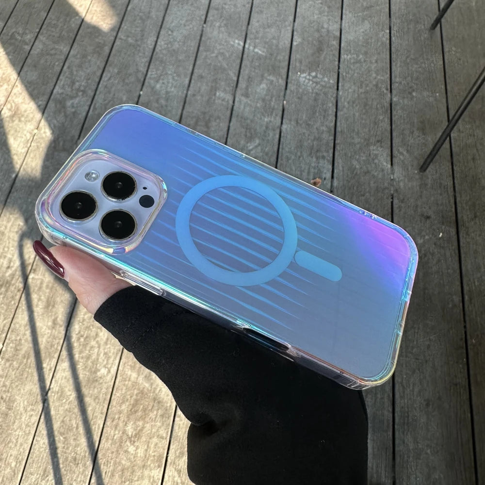 3D Stripe Gradient Aurora Magsafe Phone Case For iPhone 16 15 14 Plus 12 13 Pro Max 11 16e Clear PC + TPU Magnetic Back Cover