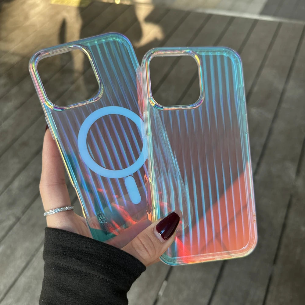 3D Stripe Gradient Aurora Magsafe Phone Case For iPhone 16 15 14 Plus 12 13 Pro Max 11 16e Clear PC + TPU Magnetic Back Cover