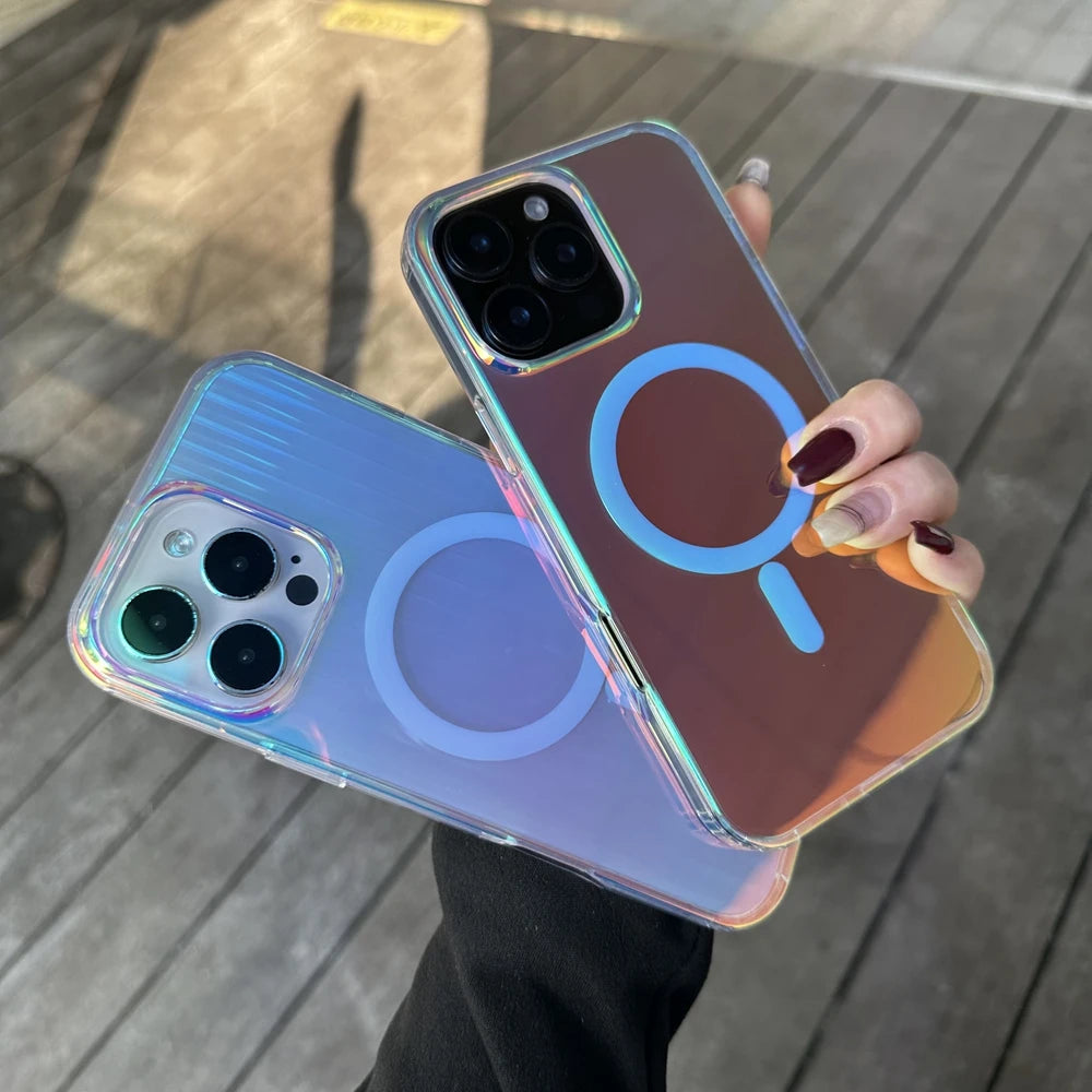 3D Stripe Gradient Aurora Magsafe Phone Case For iPhone 16 15 14 Plus 12 13 Pro Max 11 16e Clear PC + TPU Magnetic Back Cover