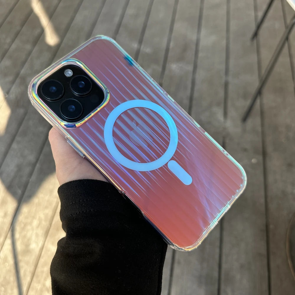 3D Stripe Gradient Aurora Magsafe Phone Case For iPhone 16 15 14 Plus 12 13 Pro Max 11 16e Clear PC + TPU Magnetic Back Cover