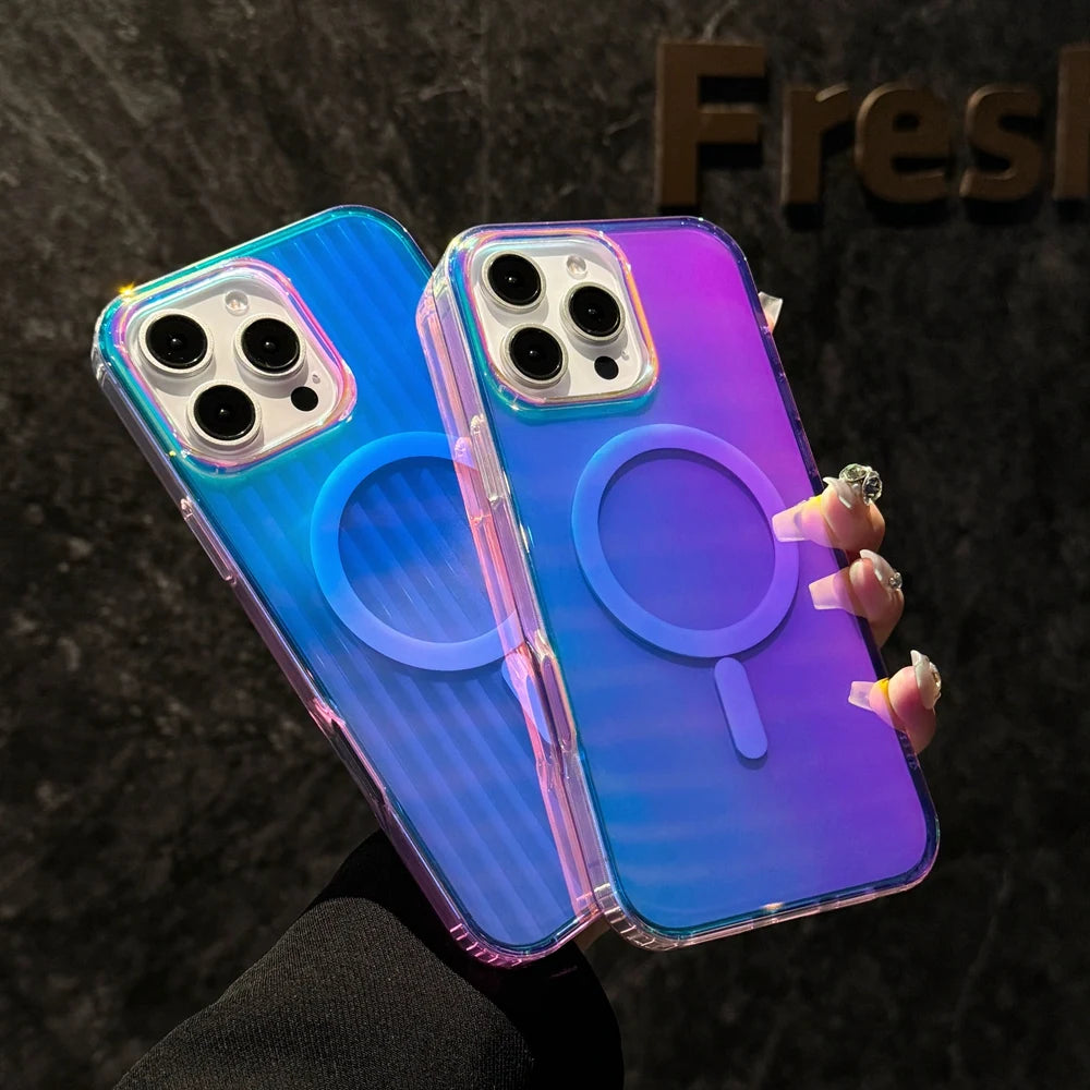 3D Stripe Gradient Aurora Magsafe Phone Case For iPhone 16 15 14 Plus 12 13 Pro Max 11 16e Clear PC + TPU Magnetic Back Cover